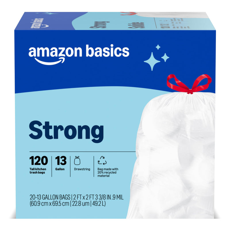 Amazon Basics Trash Bags, Tall Kitchen Drawstring, Unscented, 13 Gallon, 120 Count, Pack of 1, Packaging May Vary Unscented 120 Count (Pack of 1)