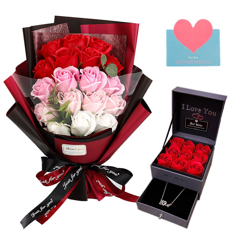 EIGHTOWN Roses Bouquet Artificial Flower - Preserved Red Rose Flowers with Love Necklace for Her - Unique Gifts Valentine's Day, Mother's Day,
