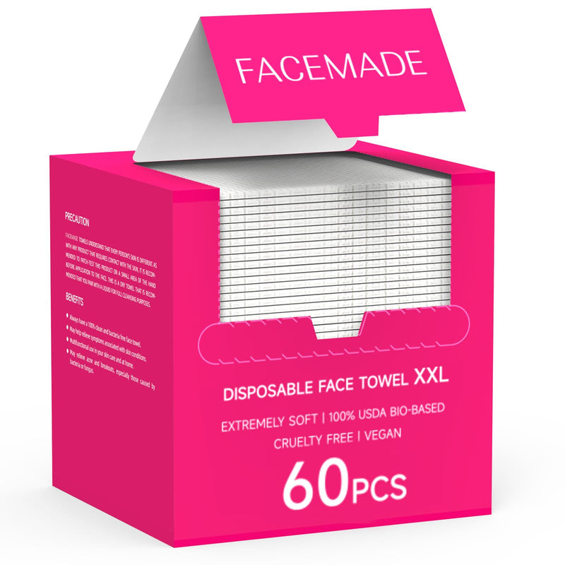 FACEMADE 60 Count XXL Face Towels Disposable 12" × 12" | 20% Larger and 20% More than Others | Lint-free and Odor-free | Soft and Clean, Perfect