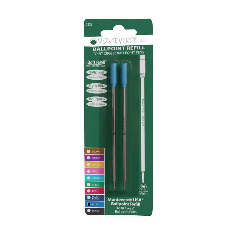 Monteverde Ballpoint Refill to Fit Cross Pens, Medium, Blue, 2 Pack | Smooth, reliable ballpoint refill made for everyday writing, forms, notes,