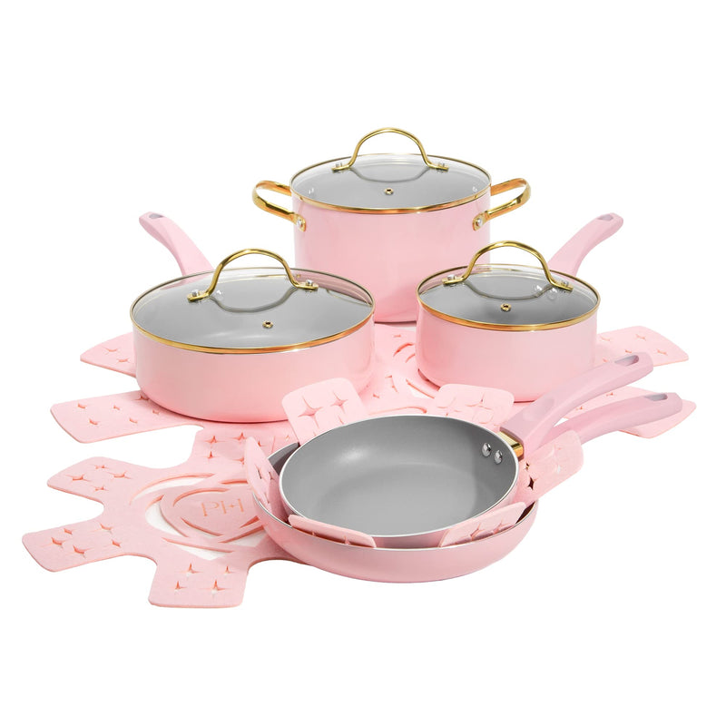 Paris Hilton Epic Nonstick Pots and Pans Set, Multi-layer Nonstick Coating, Tempered Glass Lids, Soft Touch, Stay Cool Handles, Made without PFOA,