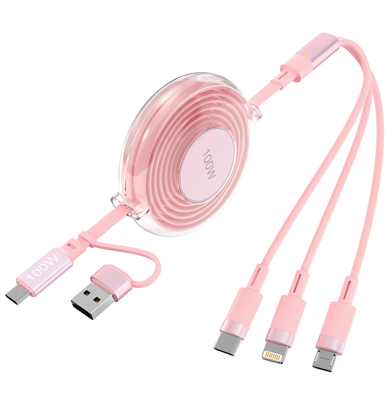 3-in-1 Retractable Multi Charging Cable, 100W Fast Charging USB-C/A to Lightning/USB-C/Micro USB Phone Charger Cord for iPhone 16/15, Samsung,