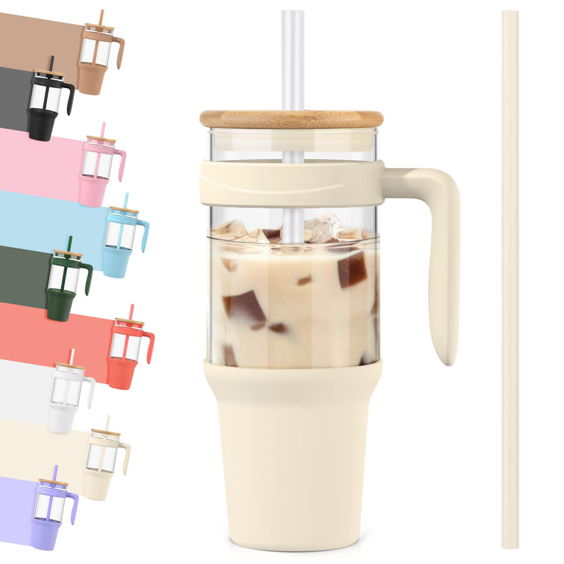 Tronco 40 Oz Glass Tumbler with Straw and Lid, Reusable Glass Tumbler with Handle, Iced Coffee Cup with Bamboo Lid, Glass Water Bottles Fit in Cup