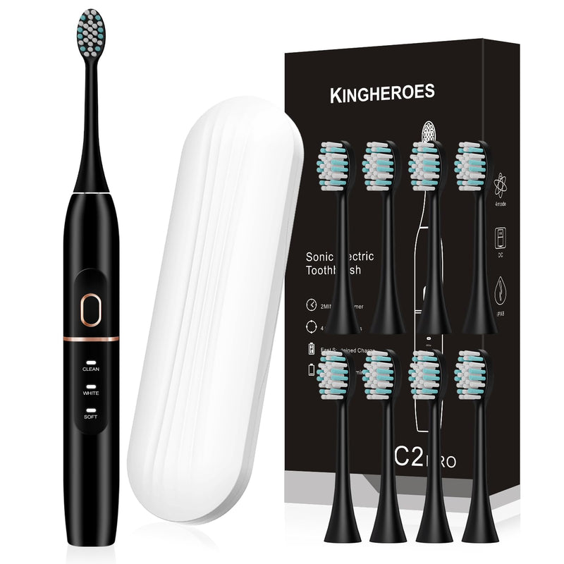 kingheroes Electric Toothbrush Set, Comes with 8 Brush Heads & Travel Case,4 Modes with 2 Minutes Built in Smart Timer, One Charge for 60 Days,