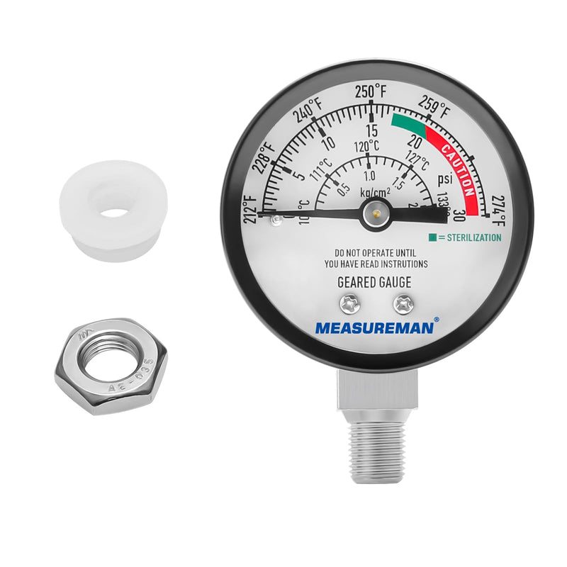 MEASUREMAN Stainless Steel Pressure Cooker Gauge, Pressure Canner Gauge, Steam Pressure Gauge, 2" Dial, Lower Mount, Including Hexagon Gasket and