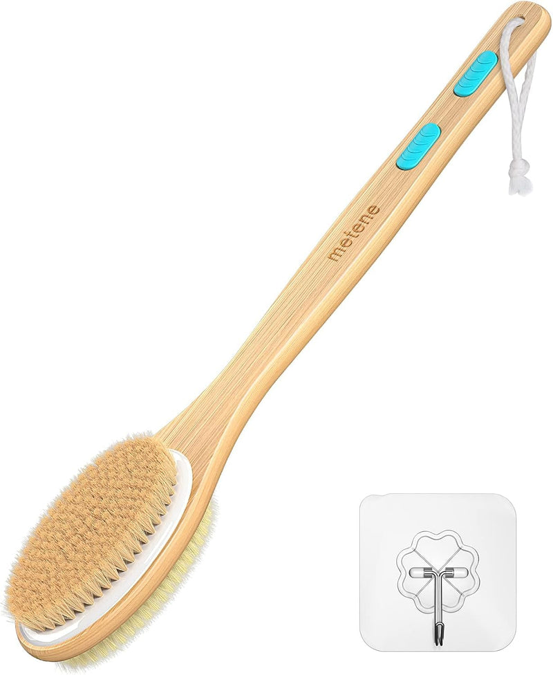 Metene Shower Brush with Soft and Stiff Bristles, Bath Dual-Sided Long Handle Back Scrubber Body Exfoliator for Wet or Dry Brushing 1 Count (Pack