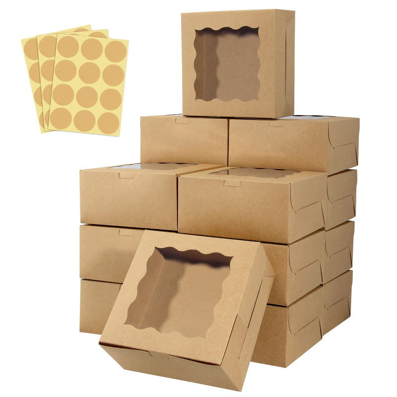 60 pcs Bakery Boxes with Window, 6 x 6 x 3 inches, Kraft Cookie Boxes Pastry Boxes for Baked Goods (Brown)