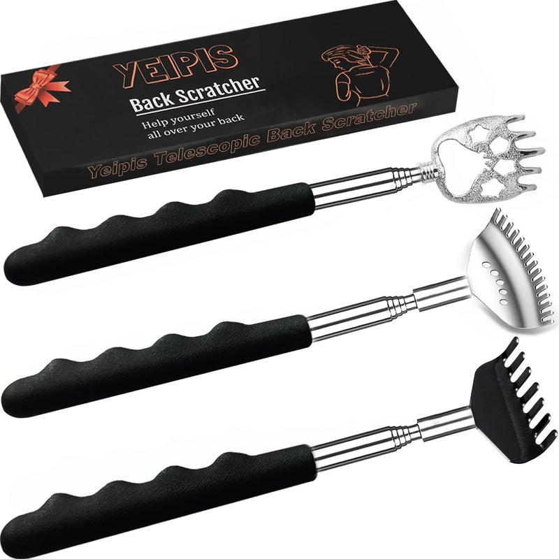 Yeipis 3 Pack Different Back Scratcher Metal Portable Telescoping with Rubber Handles, Extendable Back Massager Tool with Beautiful Box, Stocking
