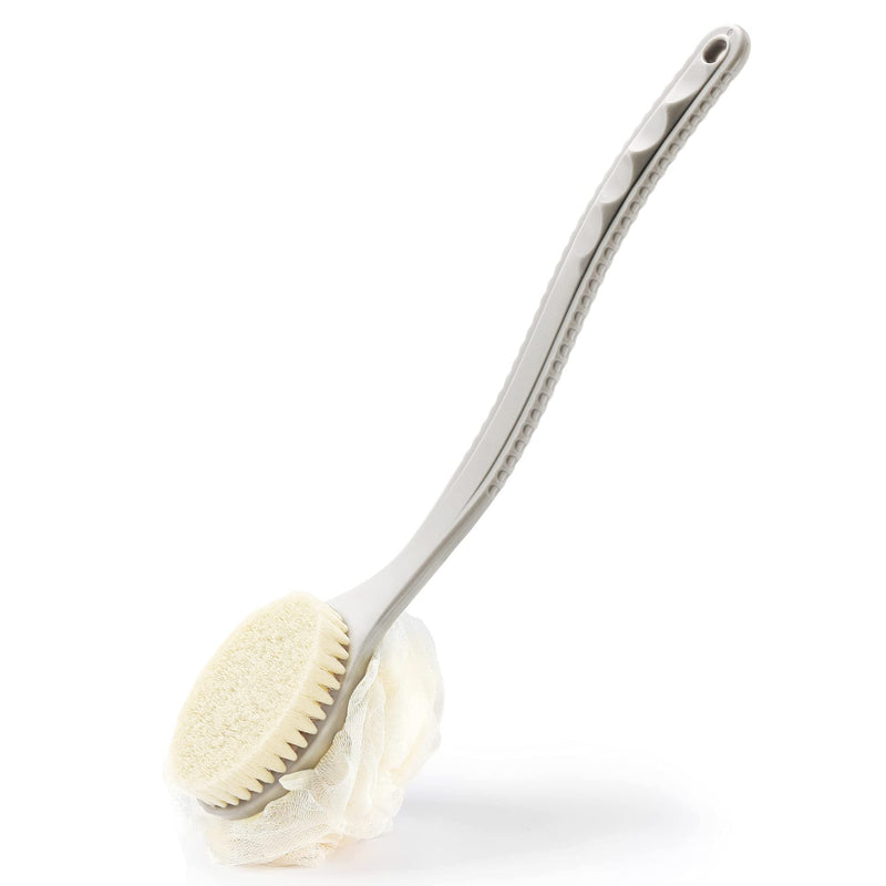 Shower Body Brush Bristles & Mesh Loofah Sponge,Curved Handle Back Scrubber Grey