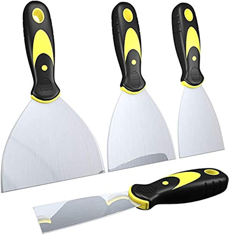 DEKEones Putty Knife Scrapers, Spackle Knife, Metal Scraper Tool for Drywall Finishing, Plaster Scraping, Decals, and Wallpaper (4 Pack, 5”, 4”,