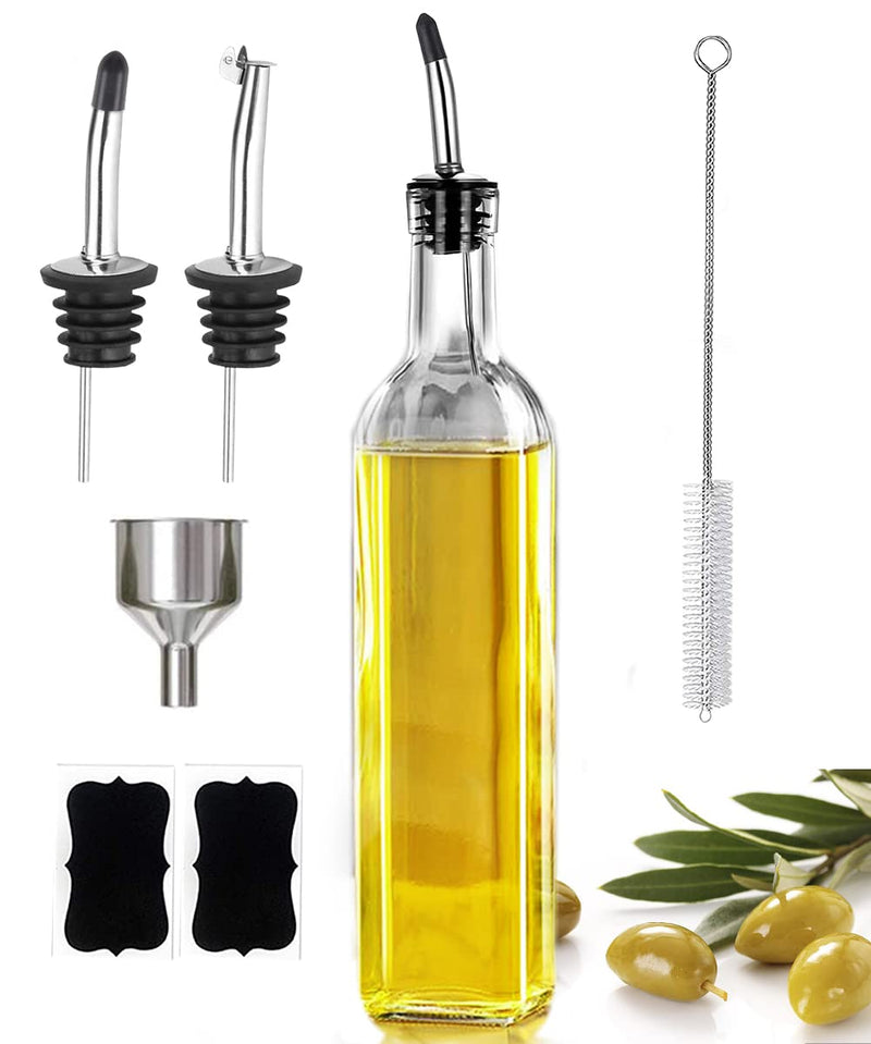 Leaflai 17oz Olive Oil Dispenser Bottle, 500ml Oil & Vinegar Cruet with 2 Stainless Steel Pourers, 2 Labels,1 Brush and 1 Funnel for Kitchen Olive
