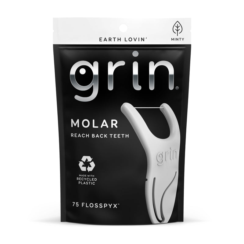 GRIN Molar Flosspyx, Floss Picks, 75 Count, Dental Flossers, Minty Flavor, Recycled Plastic, Great for Reaching Back Teeth, Slide Easily Between