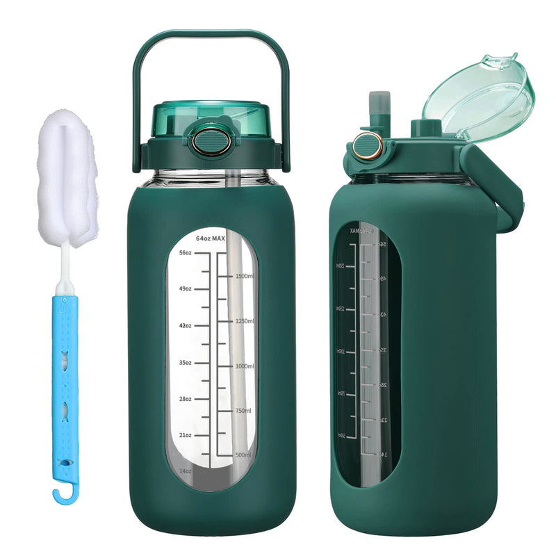 chunmo 64oz Glass Water Bolttles with Straw Half Gallon Large Motivational Water Bottle with Time Marker Sports Water Bottles with Silicone Sleeve