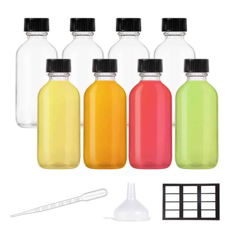 8 Pack, 2 Oz Small Clear Glass Bottles with Lid and Funnels - 60Ml Boston Shot Bottles with Caps, Immunity, Potion, Wellness, Sample, Ginger,