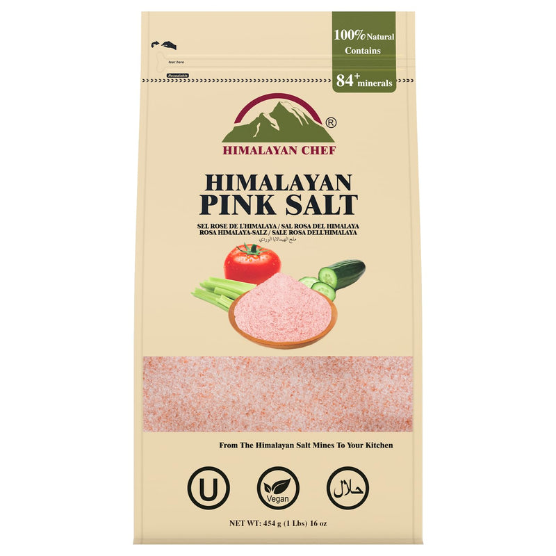 Himalayan Chef Pink Himalayan Salt Fine Grain, 1 lb Bag - Pure, Natural, Kosher, Non-GMO, Mineral-Rich, for Cooking, Seasoning, Baking, Table Use