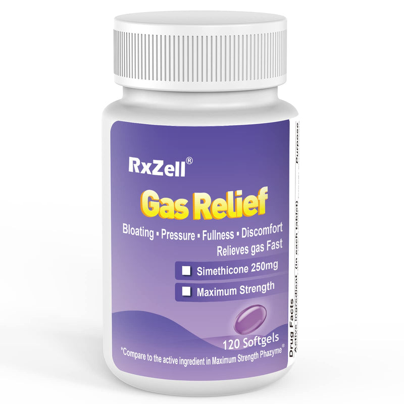 RXZELL Gas Relief, Maximum Strength Simethicone 250mg, 120 Softgels - Anti Flatulence Relieves Gas Fast, Bloating Aid, Stomach Discomfort,