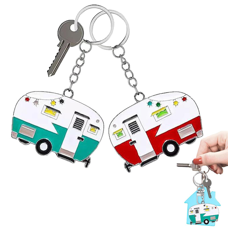 2 Pack Camper Keychain Set Happy RV Camper Keyring Couples Camping Accessories for Men Women Travel Trailers Red+green