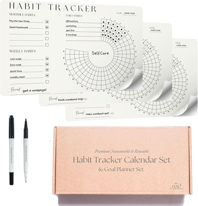 Habit Tracker Set | Reusable Dry Erase | Vision & Goal Planner with Monthly, Weekly, Daily Trackers | Undated, Reusable & Sustainable | Sticks to