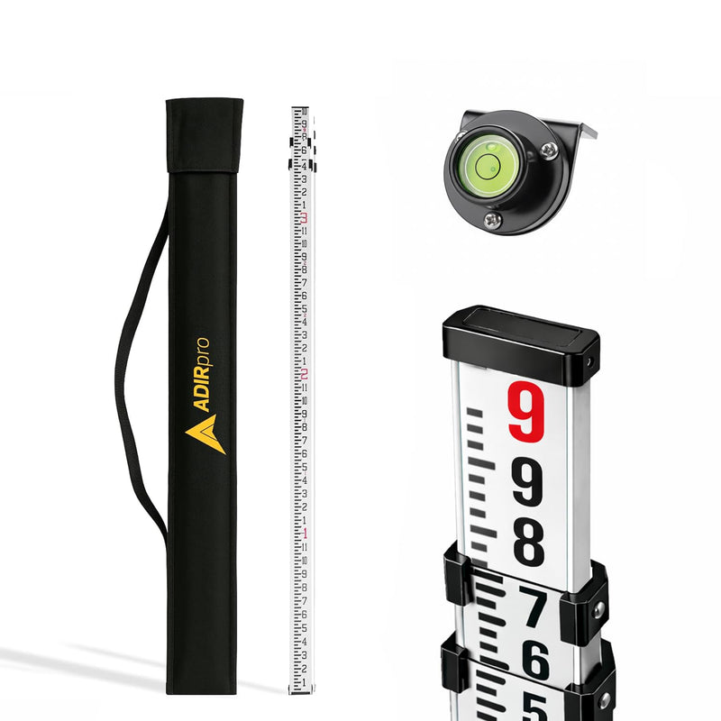AdirPro 9 ft Aluminum Telescoping Grade Rod | Dual-Sided 5-Section Leveling Rod with 8th Foot Graduations & Locking Clamps | Bubble Level &