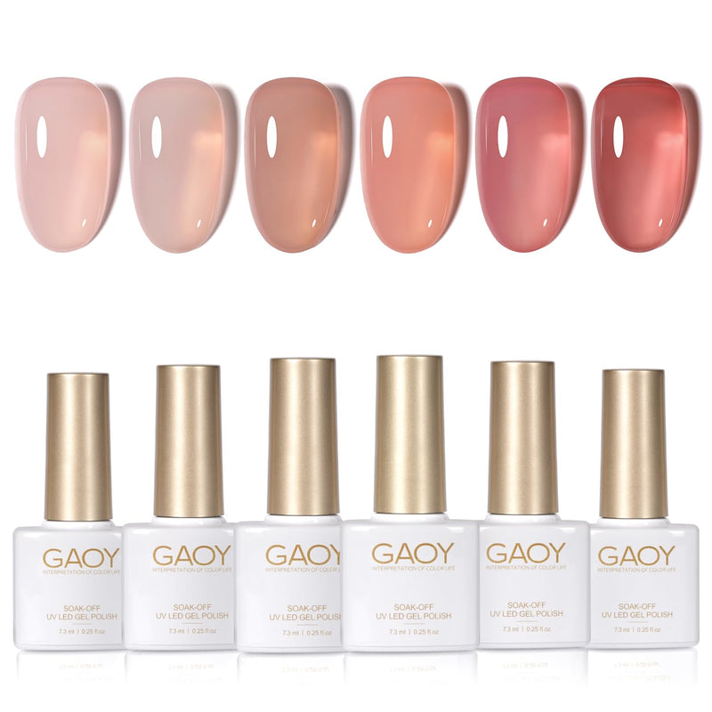 GAOY Jelly Nude Gel Nail Polish Set, 6 Transparent Colors Sheer Red Pink Brown Soak Off UV Light Cure Gel Polish Kit for Salon and Nail Art DIY at