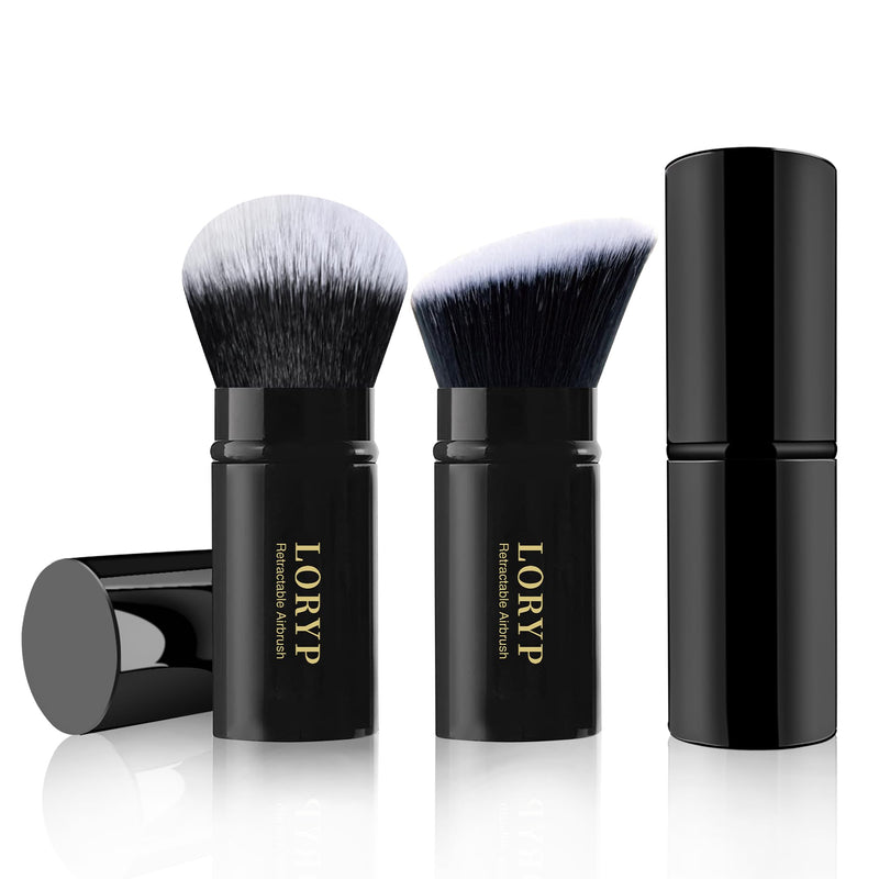 LORYP Retractable Kabuki Foundation Brush 2 Pack Travel Makeup Brush Set Light Black