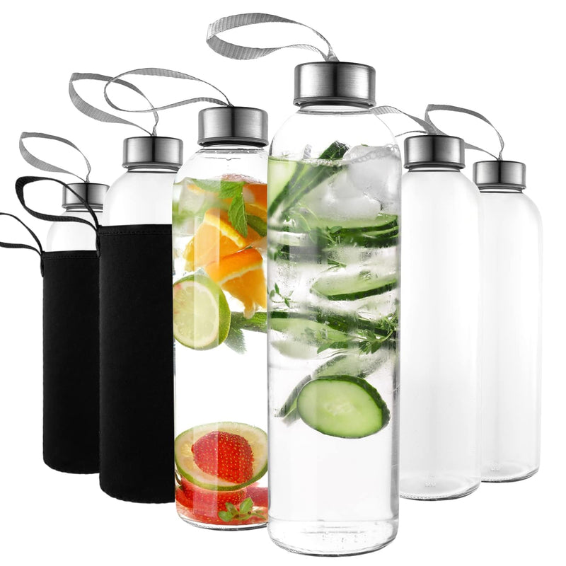 Kitchen Lux 16 Ounce Glass Water Bottles, Reusable Water Bottles with Airtight, Pack of 6, Stainless Steel Lids Carrying Strap And Nylon Water