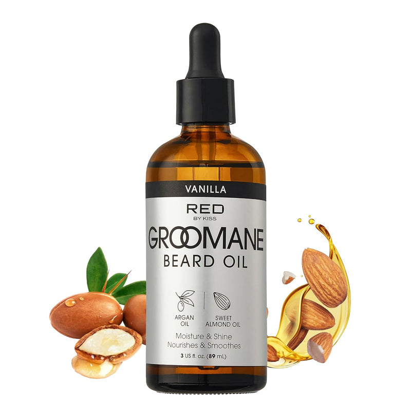 Red by Kiss Groomane Beard Oil, Argan Oil & Sweet Almond Oil, Paraben & Phthalate-Free, Hydrates, Softens Healthy Smooth Beard Hair (3 Fl.Oz, Vanilla)