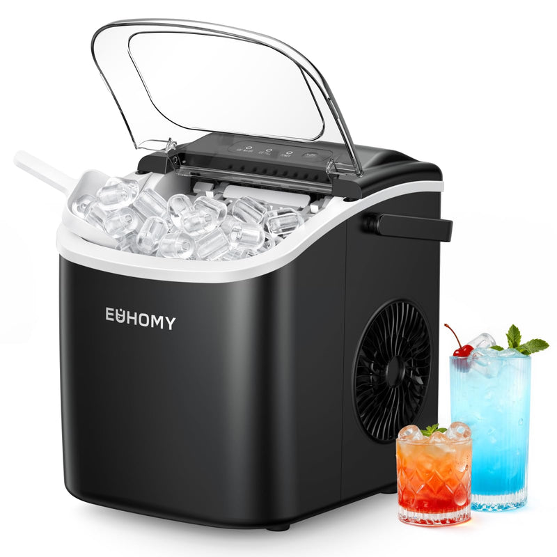 EUHOMY Countertop Ice Maker Machine with Handle, 26lbs in 24Hrs, 9 Ice Cubes Ready in 6 Mins, Auto-Cleaning Portable Ice Maker with Basket and