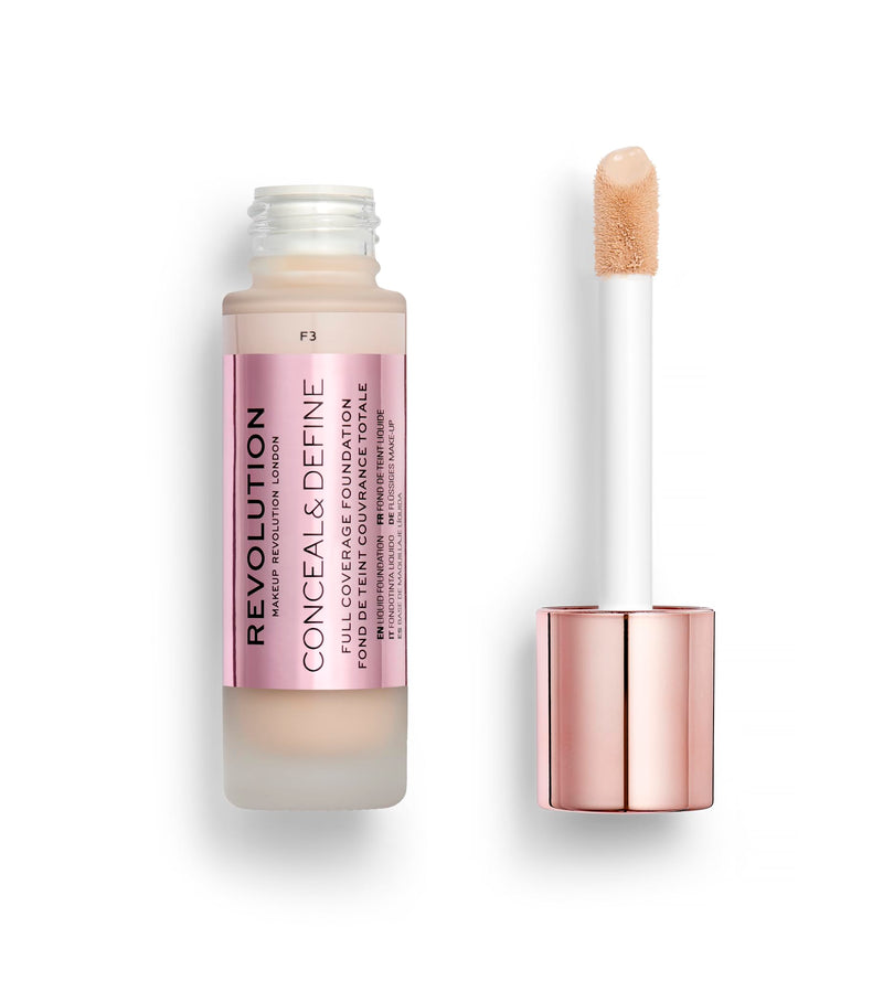 Revolution, Conceal & Define Foundation, Full Coverage, Long-Lasting Matte Finish, Vegan & Cruelty-Free, F3 Fair Skin Tones, 0.8 Fl Oz