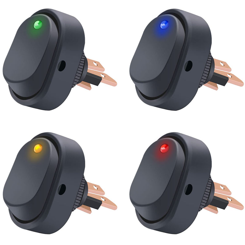 Twidec/4Pcs LED Lighted Rocker Switch Toggle 12V 30A SPST 3 Pin On-Off 4 Colour Round Dot Switch for Car Boat Marine ASW-20D-4C Multicoloured