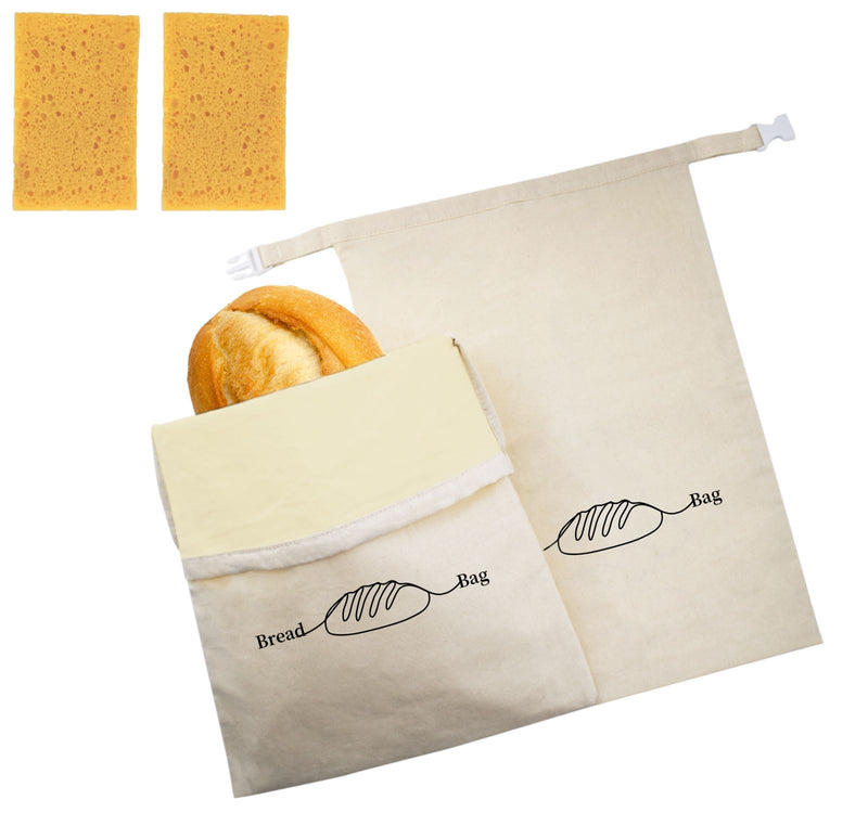 Bread Bags for Homemade Bread 2 Pack, XL Reusable Linen Food Storage Bags with Beeswax Wraps, Freezer Safe, Baking Supplies for Sourdough with