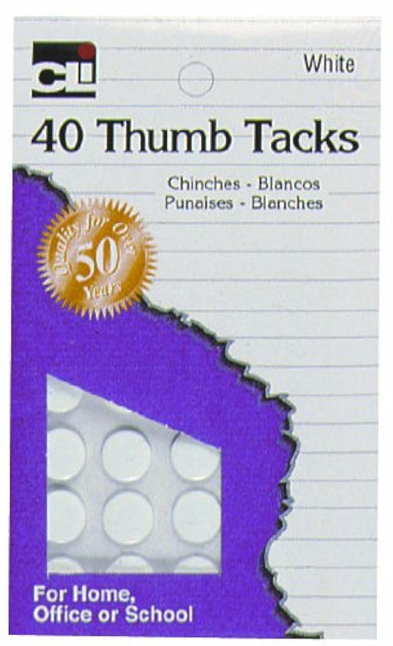 Charles Leonard Thumb Tacks, On Safety Cards, Painted White, 40-Pack (83535) White 40-Pack