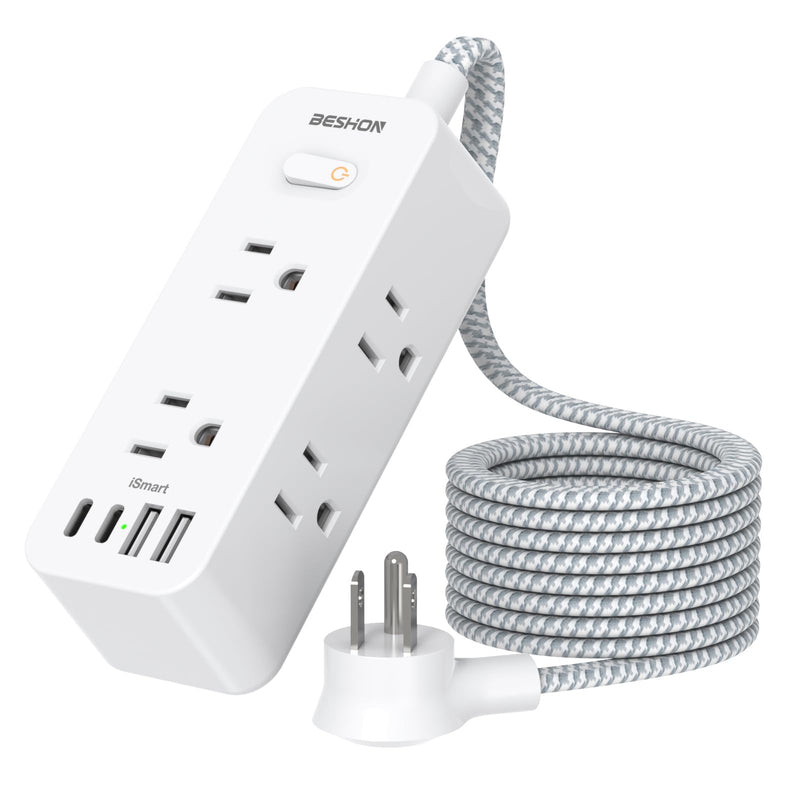 Power Strip Surge Protector, BESHON 5Ft Extension Cord, 6 Outlets with 4 USB Ports (2 USB C Outlet), 3-Side Outlet Extender, Wall Mount, Compact