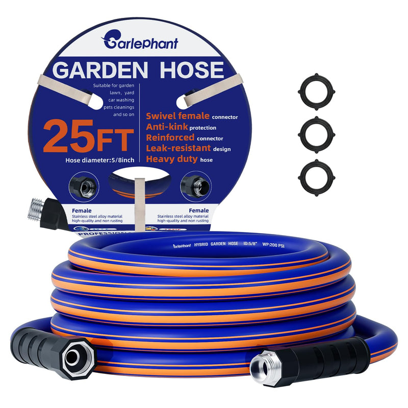 garden hose 25 ft x 5/8", Hybrid Rubber 25ft water hose, Durable, Anti-UV, Sturdy, No-Leakage, Lightweight, Flexible, Heavy Duty garden hoses with