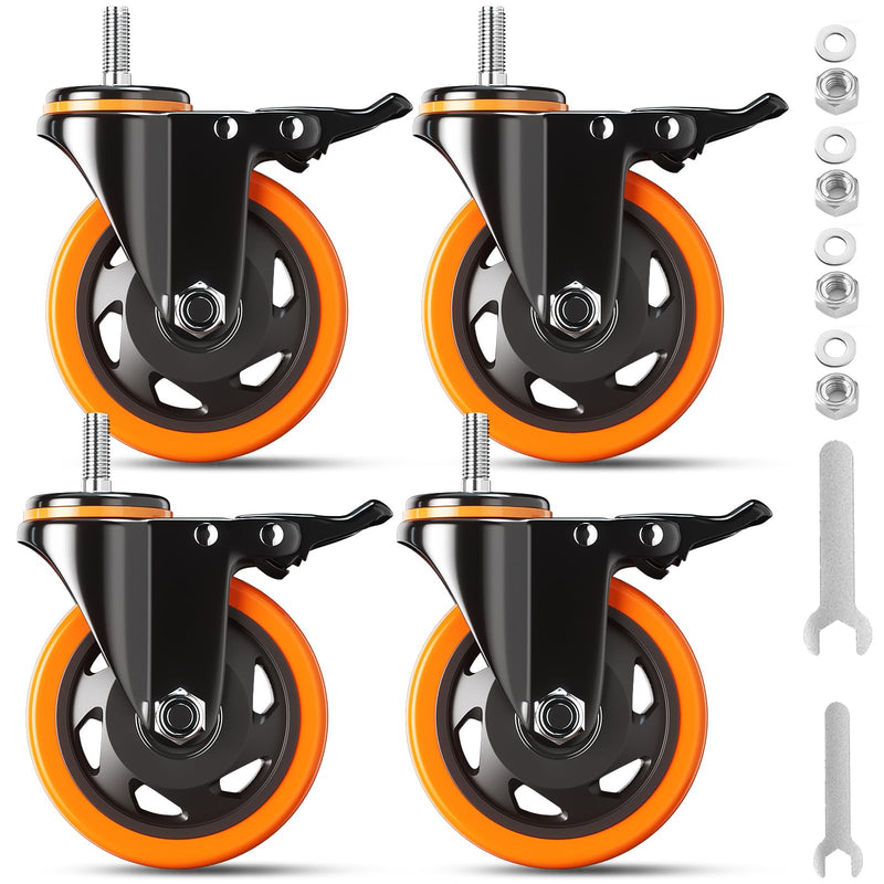 4 Inch Caster Wheels 2000Lbs, Threaded Stem Casters Set of 4 Heavy Duty, 1/2"-13 x 1 (Screw Diameter 1/2", Stem Length 1"), Safety Dual Locking