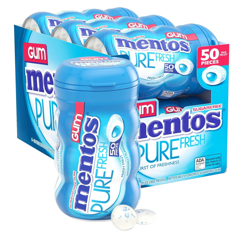 Mentos Pure Fresh Sugar-Free Chewing Gum, Fresh Mint, 50 Count (6 Pack) | Contains Xylitol, Perfect for Long Lasting Fresh Breath at School, Work