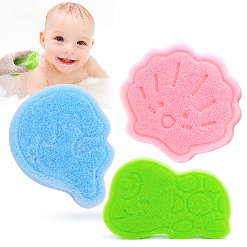 Baby Bath Sponge, Natural Cute Shapes Soft Shower Sponges for Bathing, Bathtub Foam for Infants and Toddler, 3pcs : Blue Dolphin, Pink Shell,