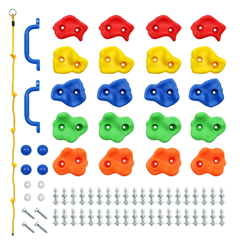 Rainbow Craft DIY Monkey Rock Climbing Holds for Kids - Wall Climbing Rocks of 20pc Rock Wall Holds, 2pc Handles & 1pc 8ft Knotted Climbing Rope -