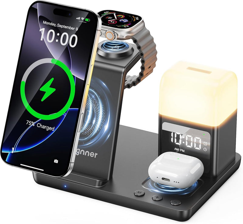 6 in 1 Wireless Charging Station with Clock & Night Light,Alarm Clocks for Bedrooms,Wireless Charger Stand with Beside Clock for iPhone