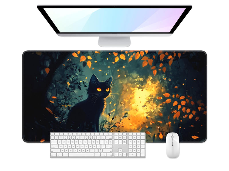 Desk Pad, Large Gaming Mouse Pad, 32" x 16", Dark Cat | XXXL Extended Waterproof Desk Mat, Non-Slip Rubber Base, Stitched Edges, Desktop Decor for