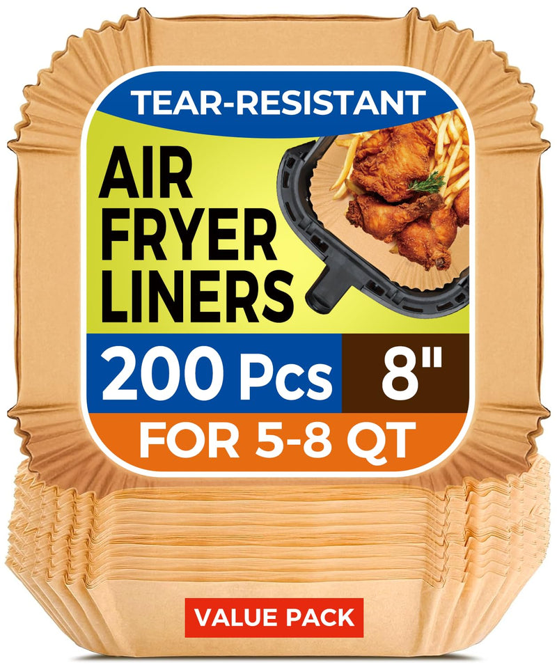 Vailnd Air Fryer Paper Liners, 200pcs Air Fryer Liners Disposable 8" Square | Baking Paper Liner for 5-8 qt Airfryer Basket, Non-stick and Oil
