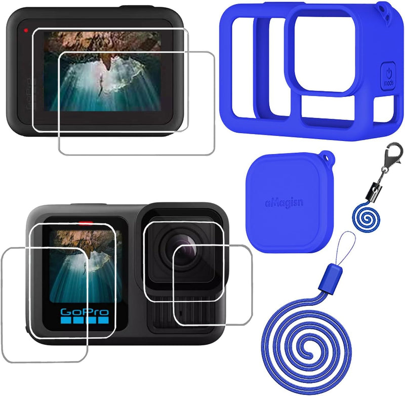 Hero13 Black Silicone Protective Case Bag Screen Protector for GoPro Hero13, Glass Screen Protector Soft Rubber Cover (Blue)