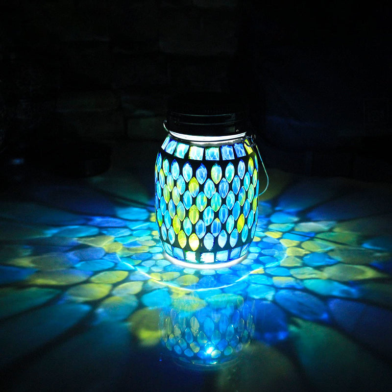 Solar Mosaic Glass Solar Hanging Lantern, Waterproof Outdoor Garden Light | Handcrafted blue mosaic solar hanging lantern projects beautiful