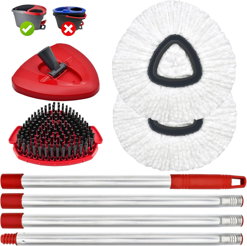 Spin Mop Head, Mop Replacement Handle,Brush,Base Compatible with O Cedar 1 Tank,2 Microfiber Mop Refills,1 Triangle Base,1 Brush and 30-58" Mop