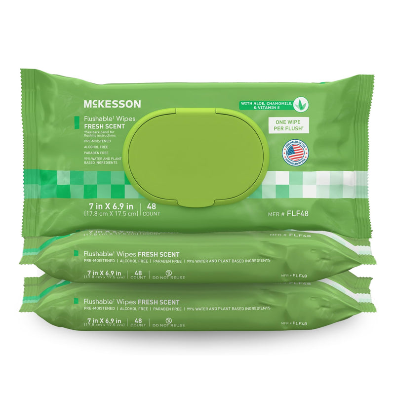 Mckesson Flushable* Adult Wet Wipes â 144 Wipes (3 Pack of 48) â Aloe & Vitamin E, Plant-Based Cleansing Wipes, Scented