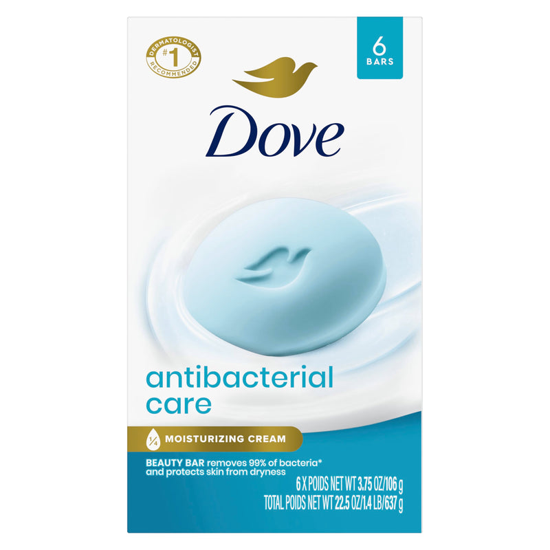 Dove Antibacterial Care Beauty Bar Soap, Moisturizing Cleanser, 6x 3.75 oz | Antibacterial beauty bar with ¼ moisturizing cream that removes 99%