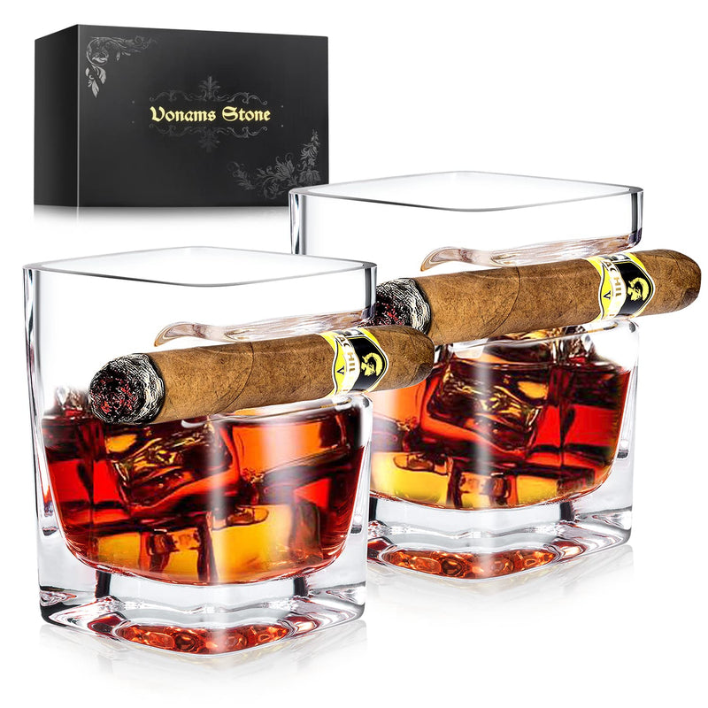 Cigar Whiskey Glasses Set of 2-12oz Old Fashioned Glass With Side Mounted Holder Rest - Crystal Wine Cup for Cocktails, Scotch, Bourbon, Gifts for Men