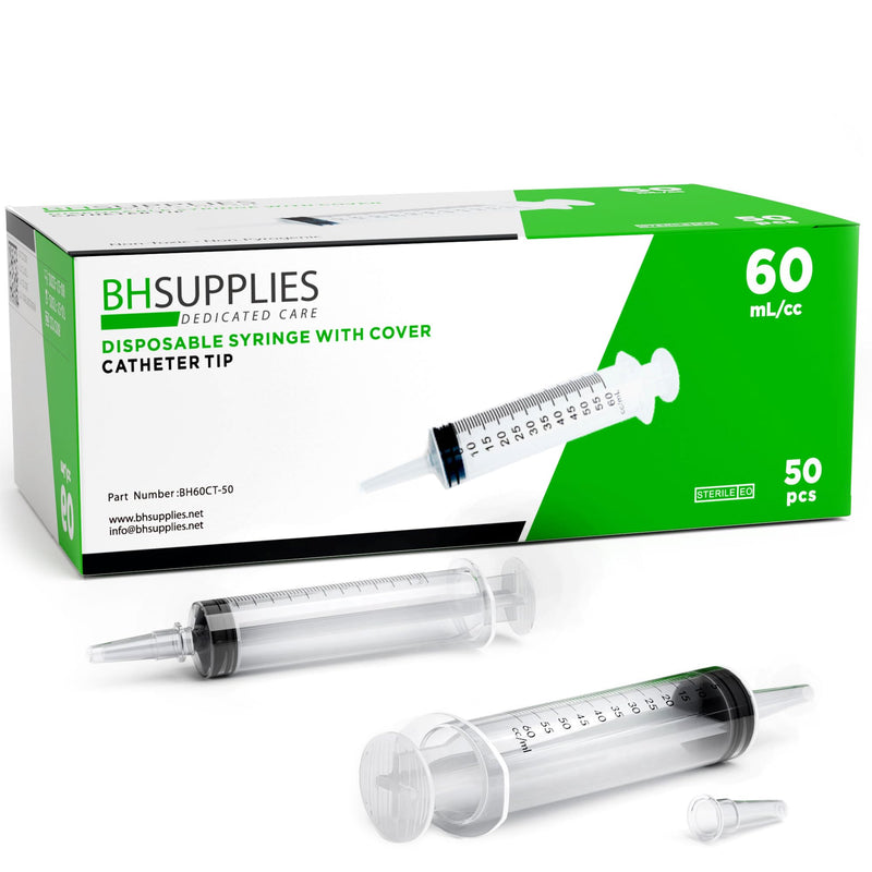 BH Supplies 60mL Syringe Catheter Tip Sterile with Caps - (No Needle) - Sterile, Individually Wrapped - 50 Syringes 60 mL - Catheter Tip-50 50.0