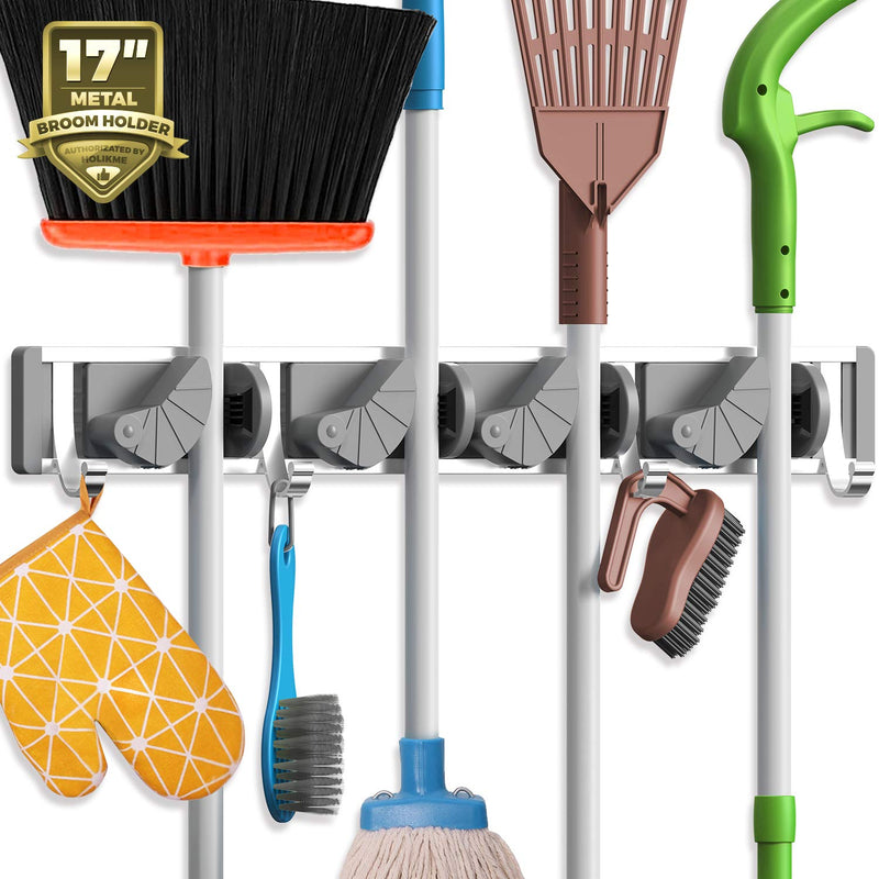 Holikme Mop Broom Holder Wall Mount Metal Pantry Organization and Storage Garden Kitchen Tool Organizer Wall Hanger for Home Goods (4 Positions