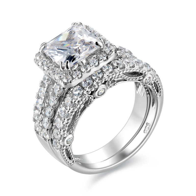 Wuziwen Wedding Ring Sets Princess Cut Engagement Rings for Women Sterling Silver Cubic Zirconia Moissanite Women's Bridal Ring Band Set